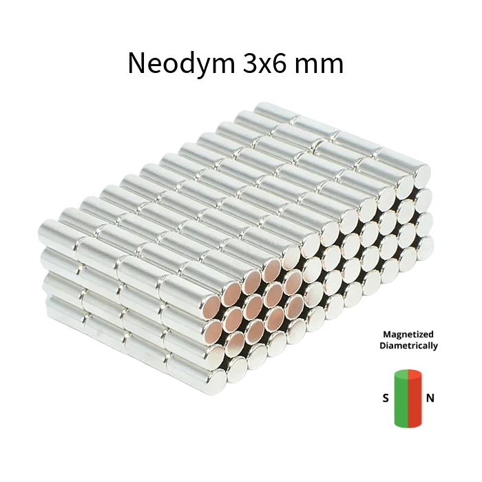 400× Neodym-Magnet N35 Ø3×6 mm – diametrisch - radial magnetisiert (durch Durchmesser)